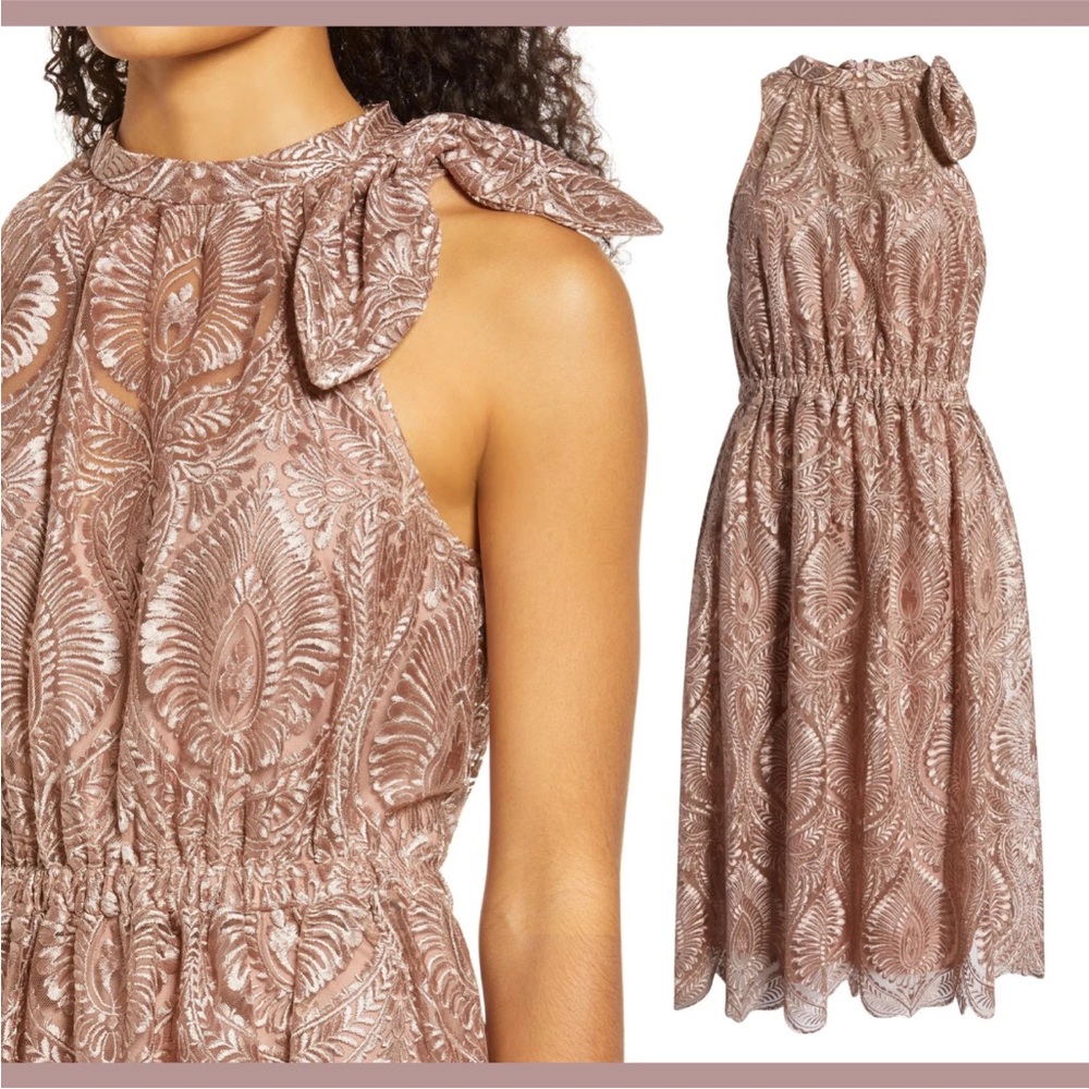 JS Collections Blush Pink Embroidered Midi Dress with Tie Neck
